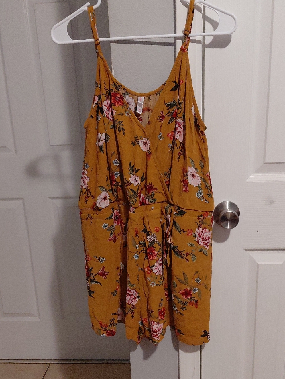 Xhilaration Mustard Floral Jumpsuit with Tie Waist